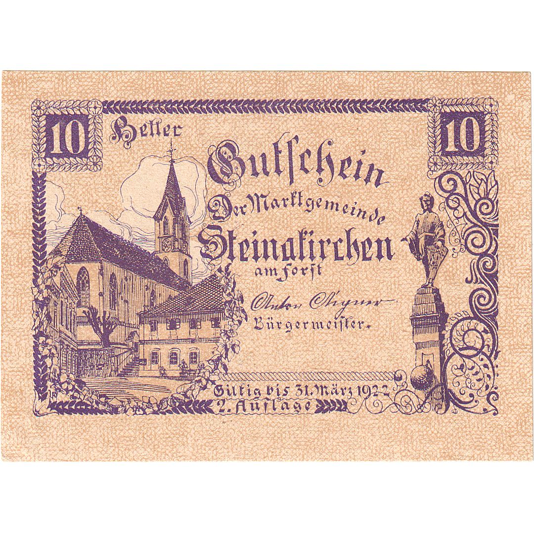 Biljet, Oostenrijk, Steinakirchen, 10 Heller, Eglise, 1922 SPL Mehl:FS 1017IIa
