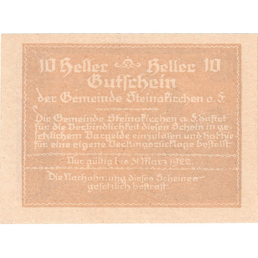 Biljet, Oostenrijk, Steinakirchen, 10 Heller, Eglise, 1922 SPL Mehl:FS 1017IIa