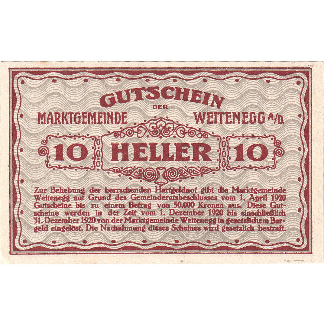 Geldschein, Österreich, Weitenegg, 10 Heller, château, 1920 UNZ- Mehl:FS 1163a