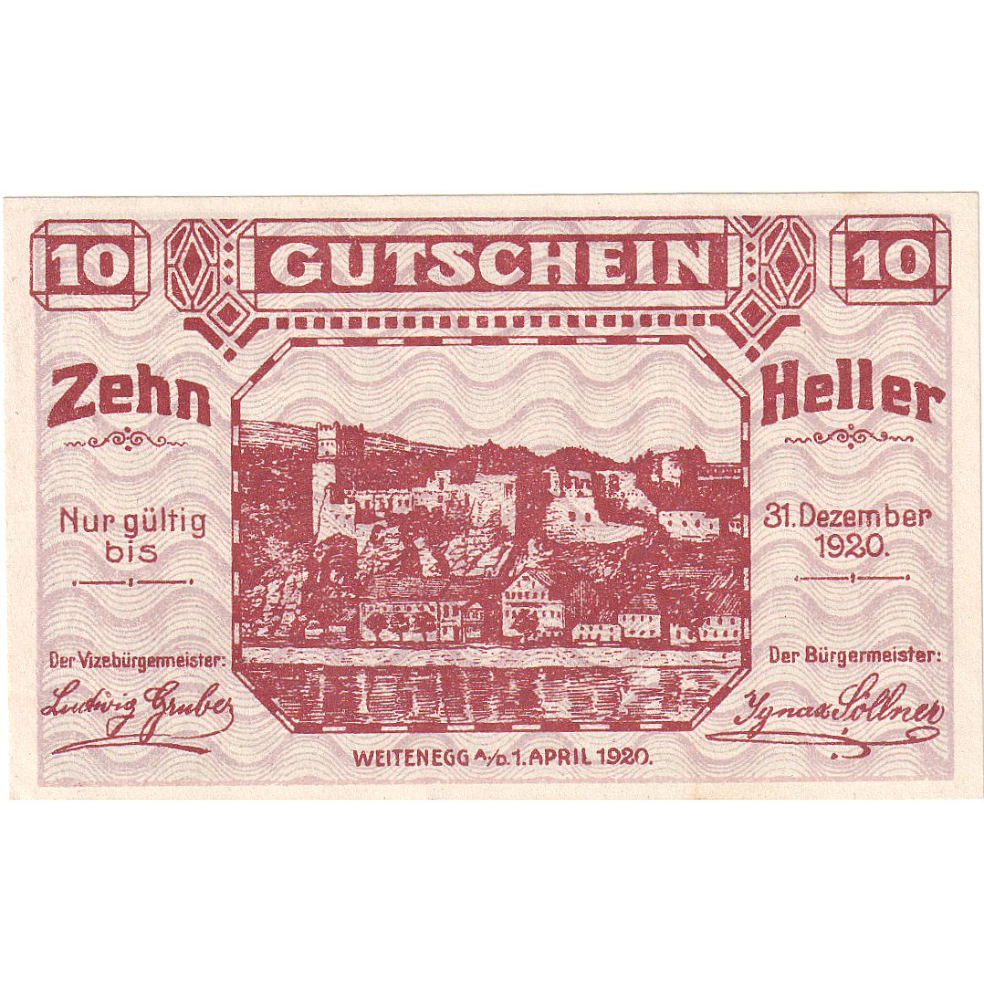 Geldschein, Österreich, Weitenegg, 10 Heller, château, 1920 UNZ- Mehl:FS 1163a