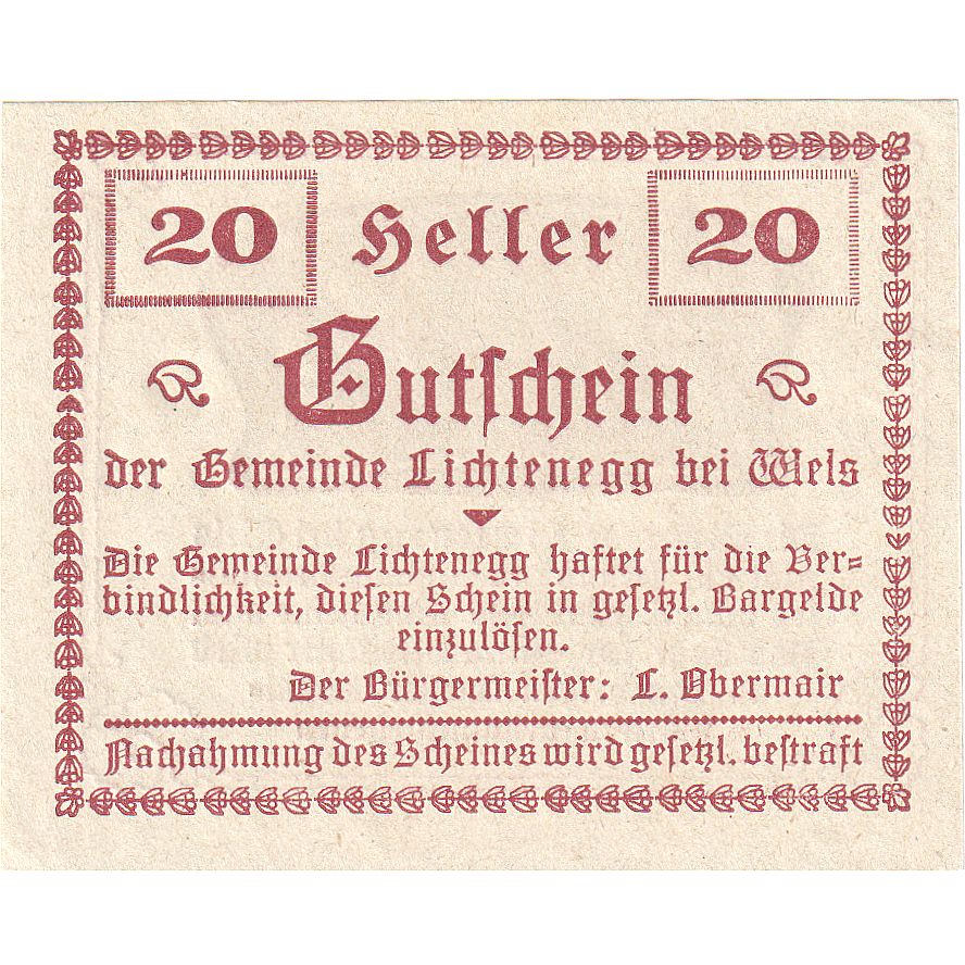 Biljet, Oostenrijk, Lichtenegg, 20 Heller, Ville 1920-05-08, SPL, Mehl:FS 520