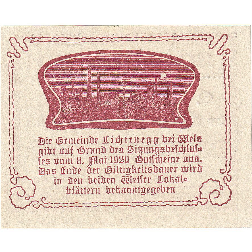 Biljet, Oostenrijk, Lichtenegg, 20 Heller, Ville 1920-05-08, SPL, Mehl:FS 520