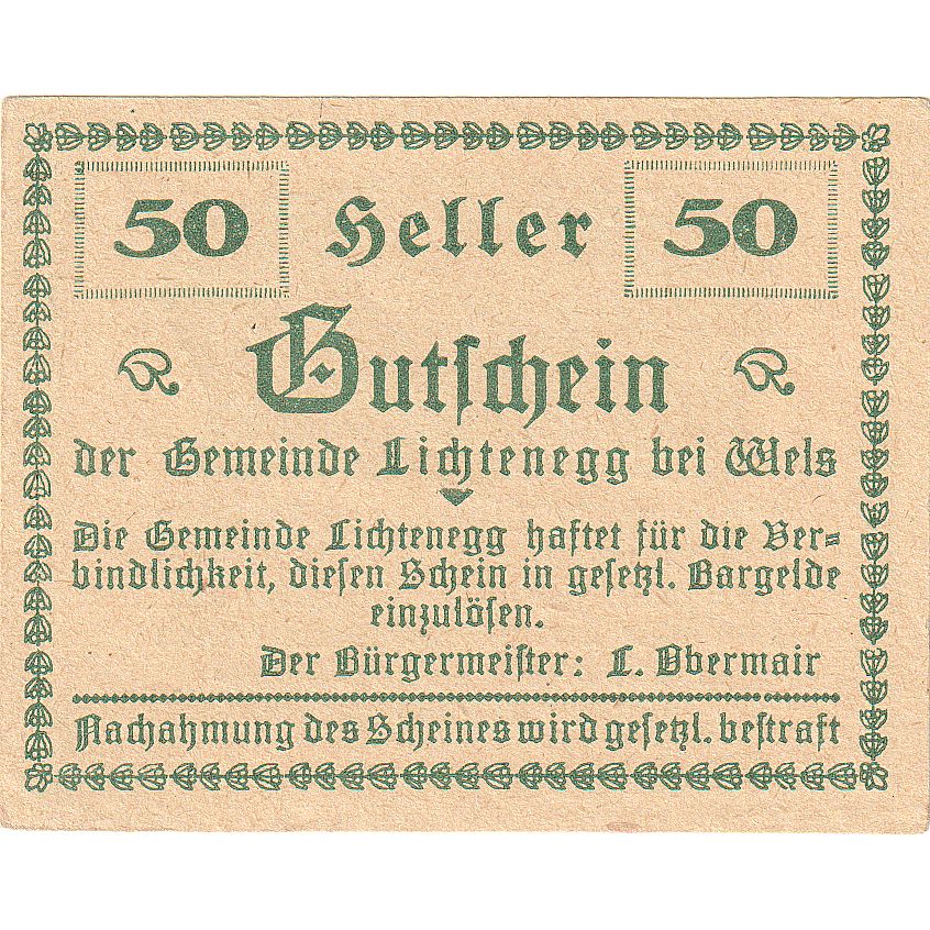 Biljet, Oostenrijk, Lichtenegg, 50 Heller, Usine 1920-05-08, SPL Mehl:FS 520