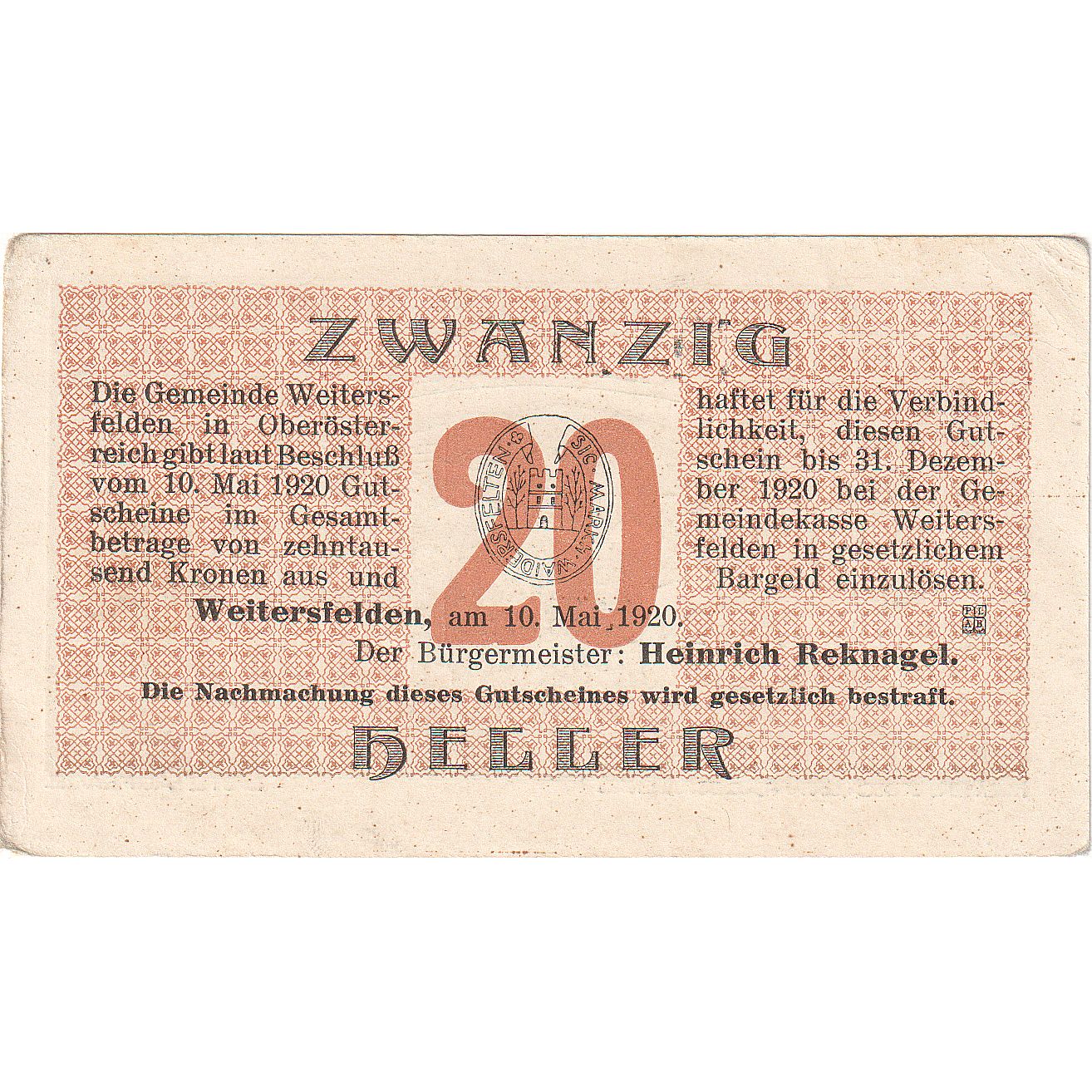 Banknote, Austria, Weitersfelden, 20 Heller village 1920 AU(55-58) Mehl:FS 1164a