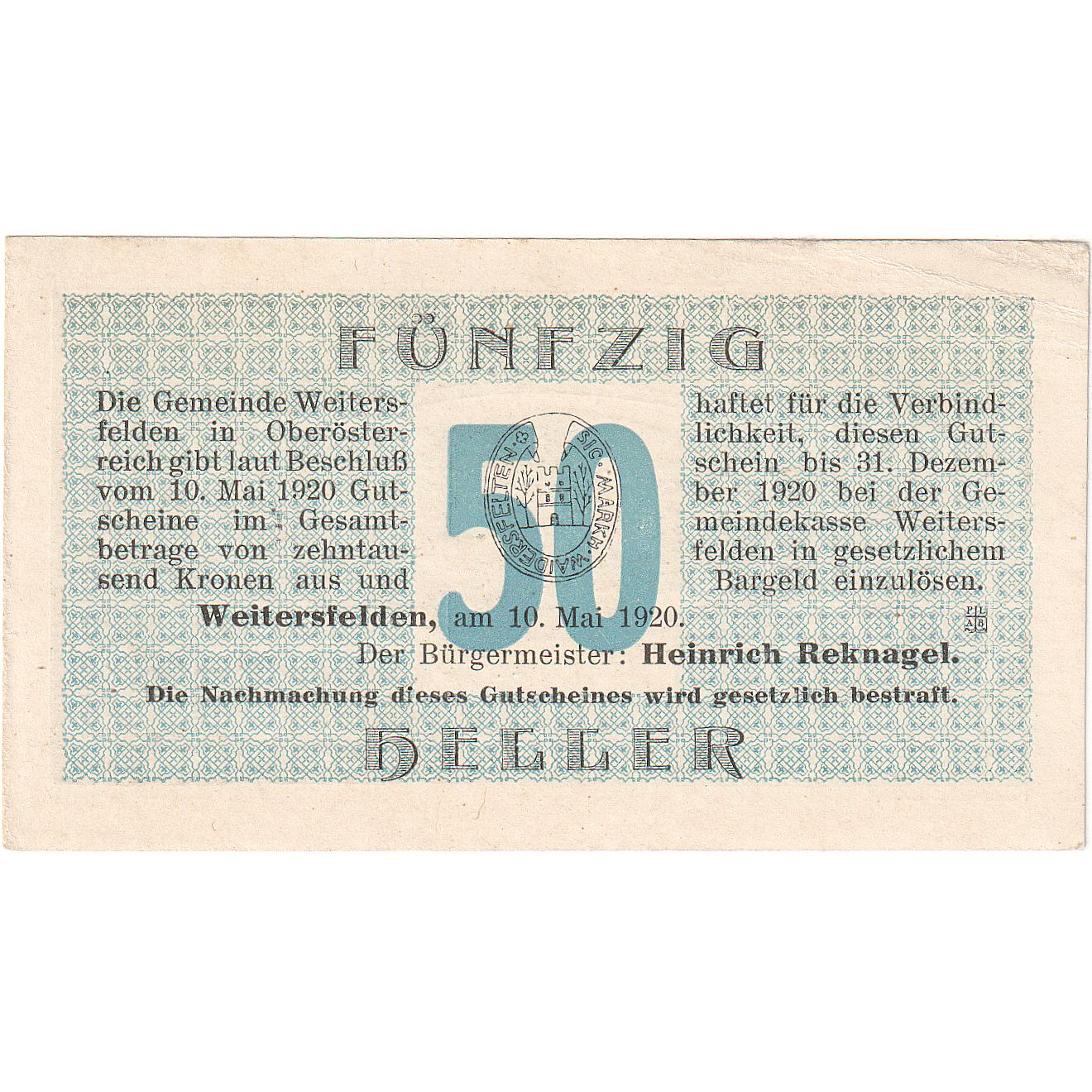 Banknote, Austria, Weitersfelden 50 Heller paysage 1920 AU(55-58) Mehl:FS 1164a