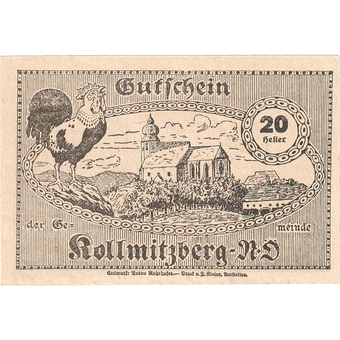 Biljet, Oostenrijk, Kollmitzberg, 20 Heller, Eglise 1920-12-31, SPL Mehl:FS 462a