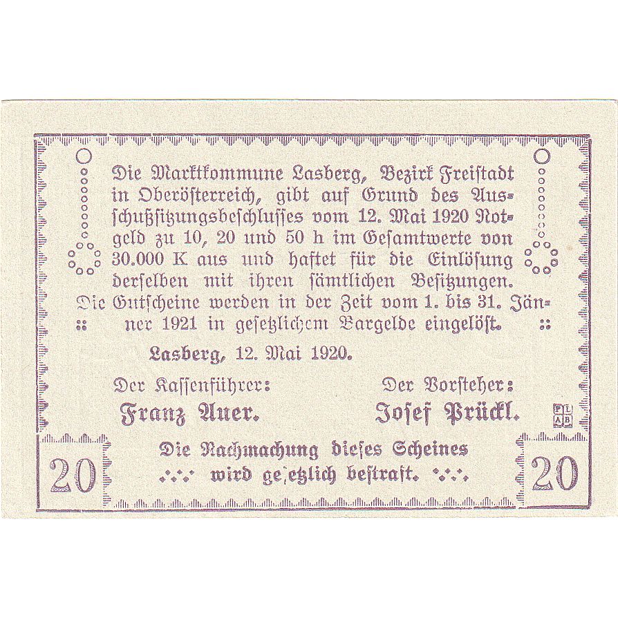 Geldschein, Österreich, Lasberg, 20 Heller, village 1921-01-31 UNZ- Mehl:FS 505a