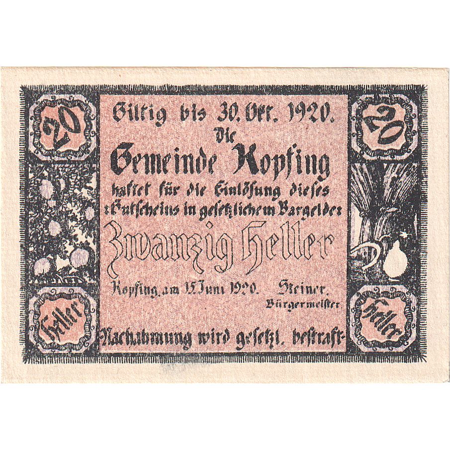 Biljet, Oostenrijk, Kopfing, 20 Heller, Texte 1920-10-31, SPL Mehl:FS 465a