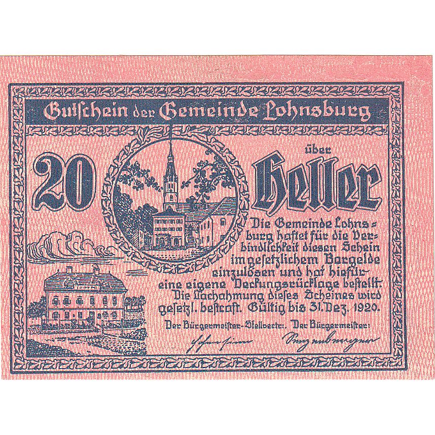 Geldschein, Österreich, Lohnsburg, 20 Heller, Eglise 1920 UNZ- Mehl:FS 561II