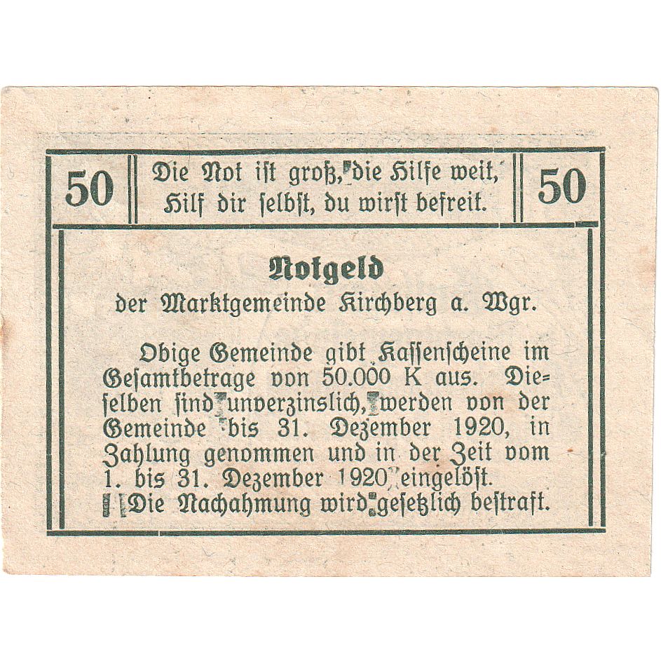Biljet, Oostenrijk, Kirchberg, 50 Heller, village 1920-12-31, SPL Mehl:FS 439Ia
