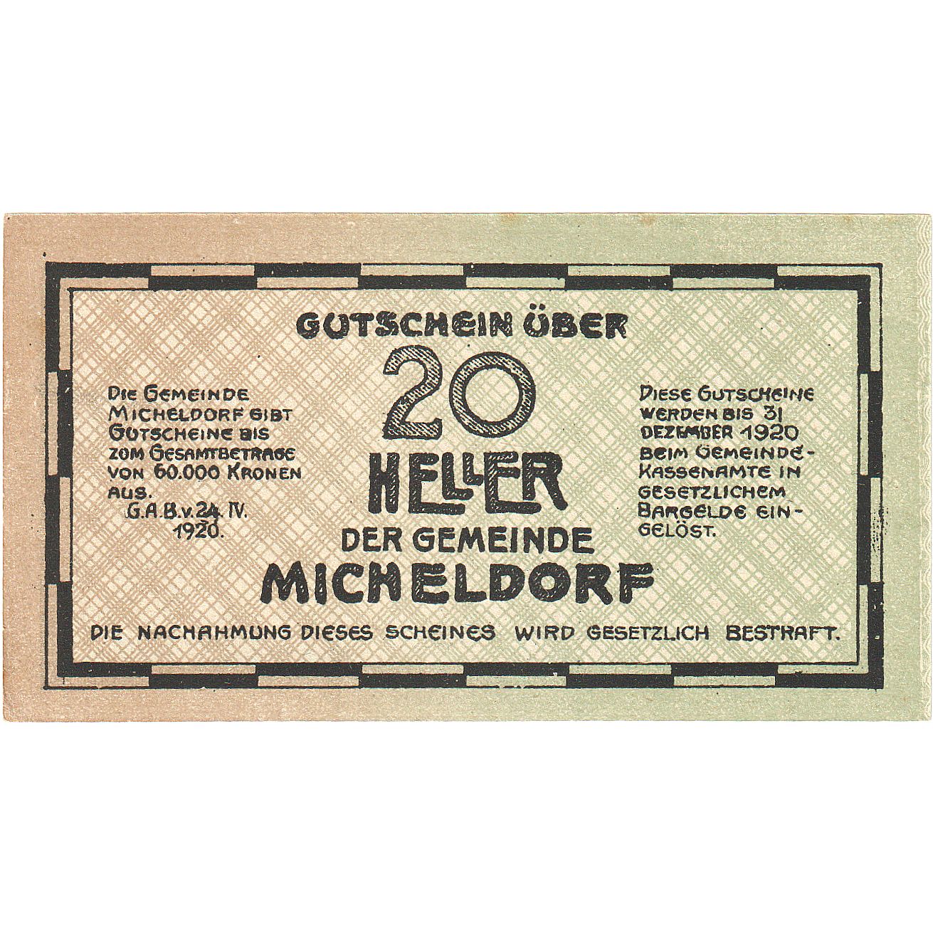 Geldschein, Österreich, Micheldorf, 20 Heller, Monument, 1920 UNZ- Mehl:FS 612a
