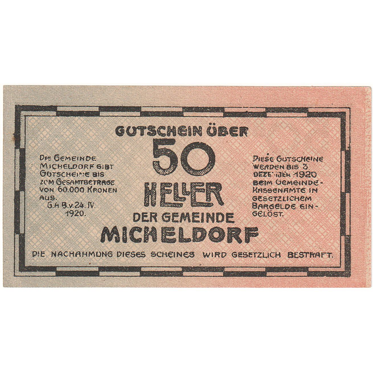 Billet, Autriche, Micheldorf, 50 Heller, forgeron, 1920-12-31, SPL Mehl:FS 612a
