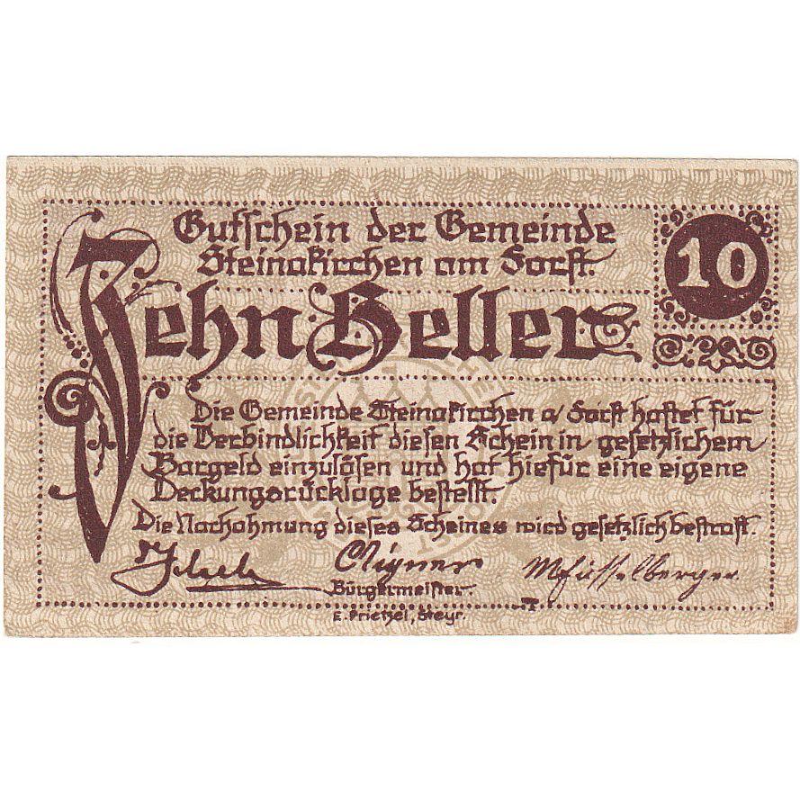 Billet, Autriche, Steinakirchen, 10 Heller, château, 1922 SPL Mehl:FS 1017I