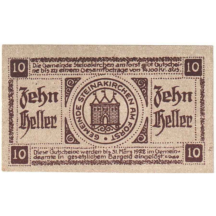 Billet, Autriche, Steinakirchen, 10 Heller, château, 1922 SPL Mehl:FS 1017I