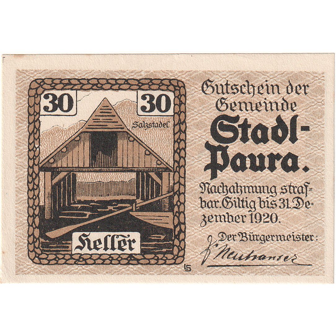 Billet, Autriche, Paura, 30 Heller, grange 1920-12-31, SPL Mehl:FS 1008IIa
