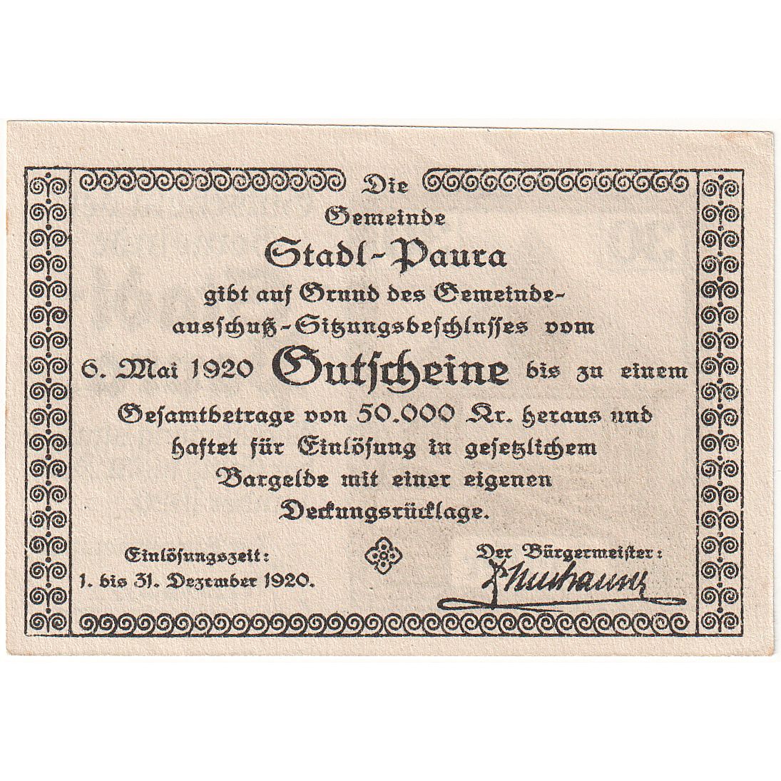 Billet, Autriche, Paura, 30 Heller, grange 1920-12-31, SPL Mehl:FS 1008IIa