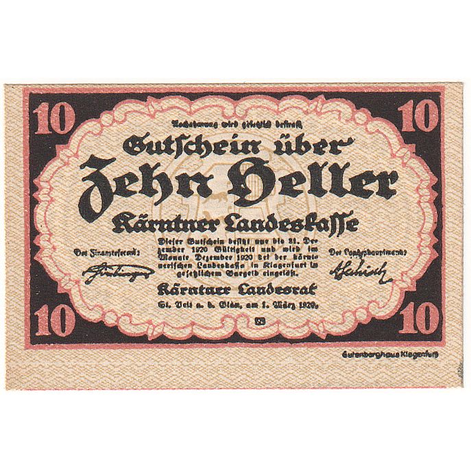 Billet, Autriche, Landesrat, 10 Heller, Blason, 1920, SPL, Mehl:P-S108