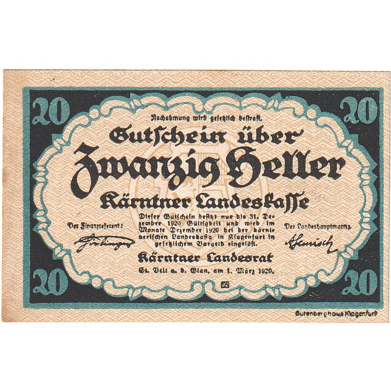 Billet, Autriche, Landesrat, 20 Heller, Texte, 1920, SPL, Mehl:P-S108