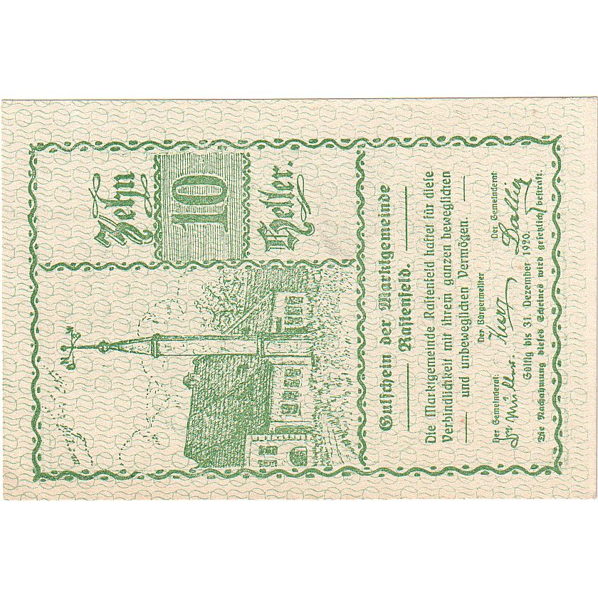 Billet, Autriche, Rastenfeld, 10 Heller, Eglise 1920-12-31, SPL Mehl:FS 820