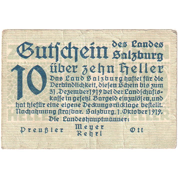 Banknote, Austria, Salzburg, 10 Heller, Texte 1919-12-31, VF(20-25) Mehl:FS 860I