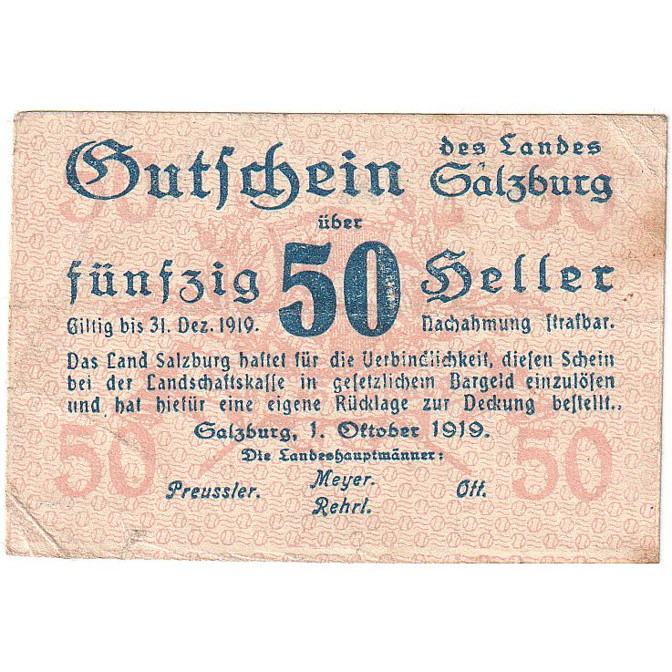 Banknote, Austria, Salzburg, 50 Heller, Texte, 1919, EF(40-45) Mehl:FS 860I