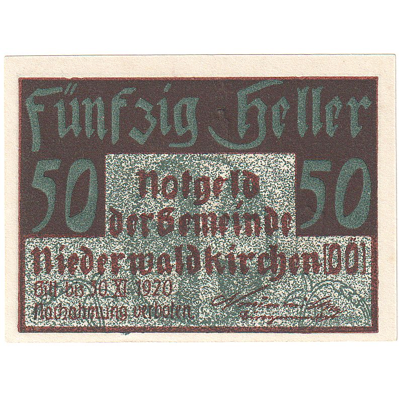Banconote, Austria, Niederwaldkirchen, 50 Heller, village, 1920 SPL Mehl:FS 673a