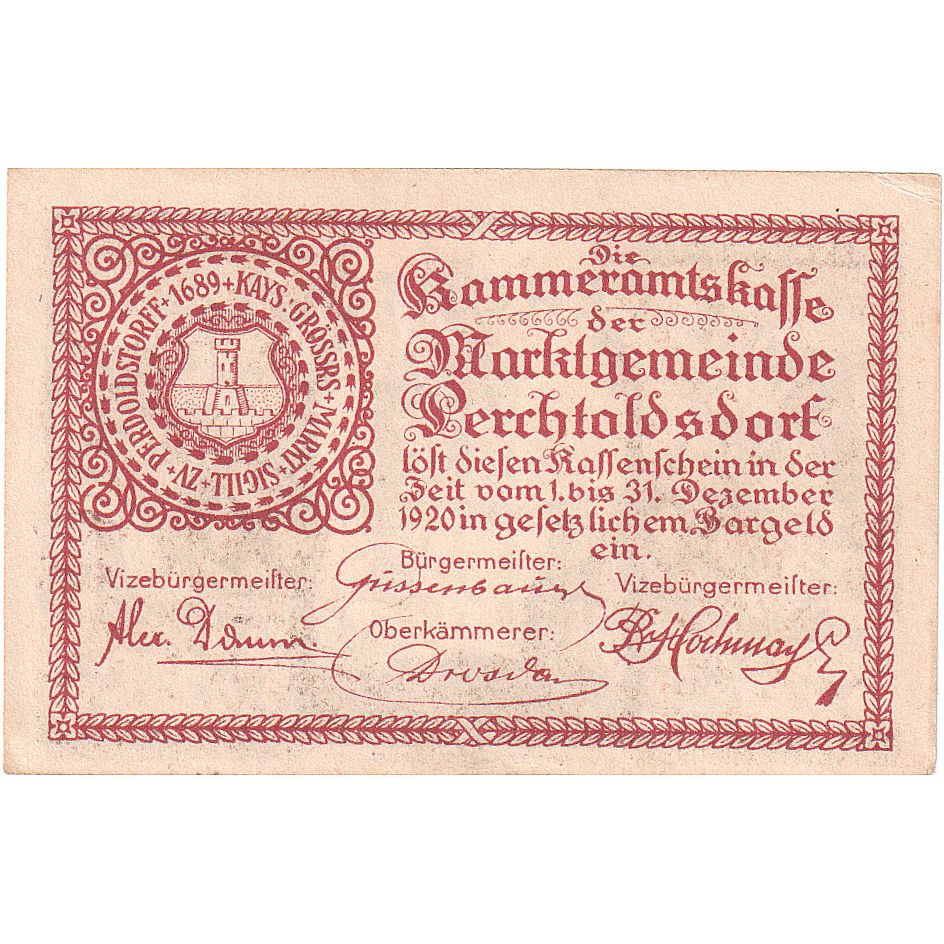 Banconote, Austria, Perchtoldsdorf, 50 Heller, tour, 1920 SPL Mehl:FS 728