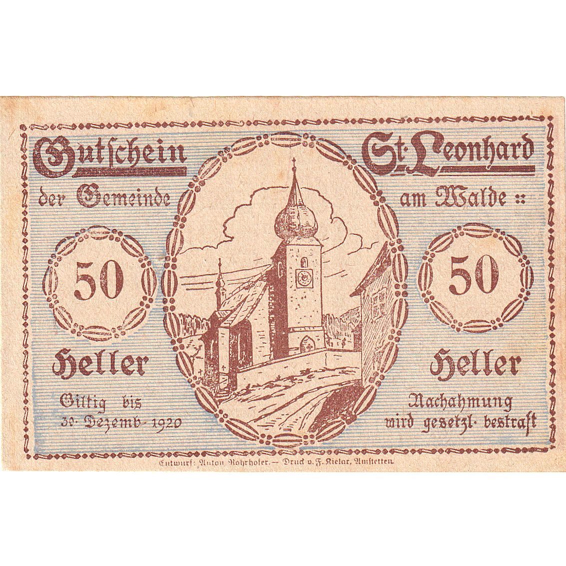 Billet, Autriche, St Leonhard, 50 Heller, Eglise 1920-12-30, SPL, Mehl:FS 902a