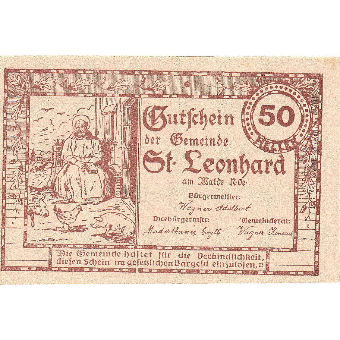 Billet, Autriche, St Leonhard, 50 Heller, Eglise 1920-12-30, SPL, Mehl:FS 902a