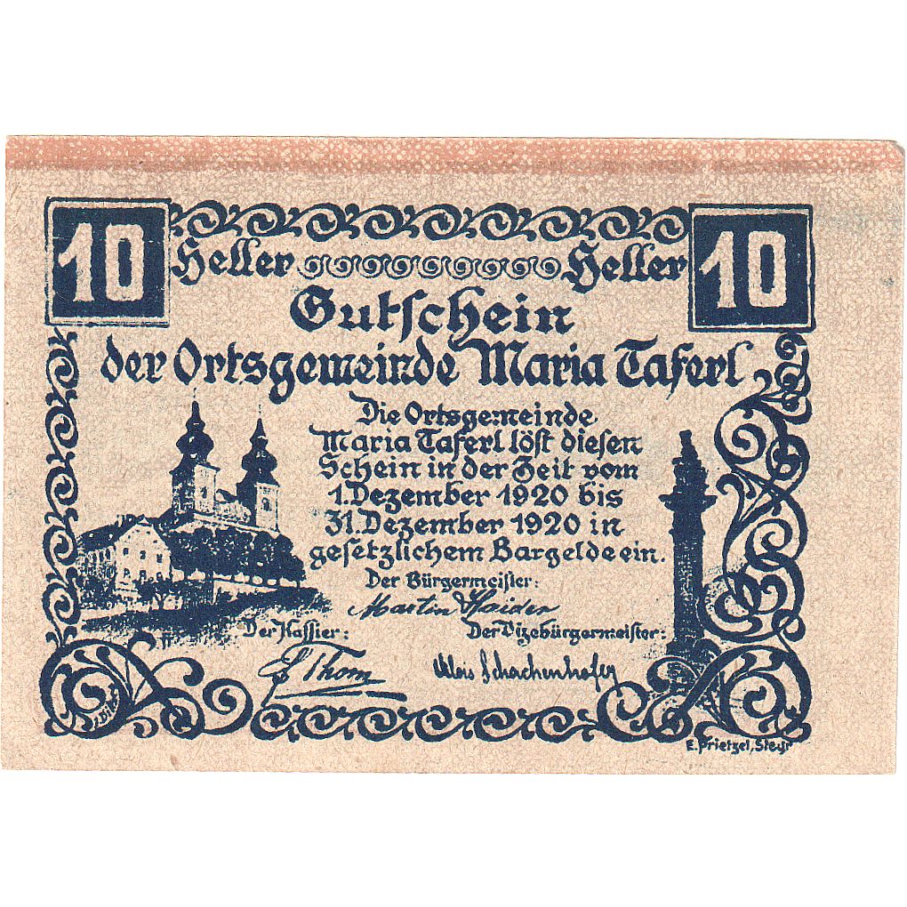 Banknote, Austria, Maria Taferl, 10 Heller, Eglise, 1920 UNC(63) Mehl:FS 588