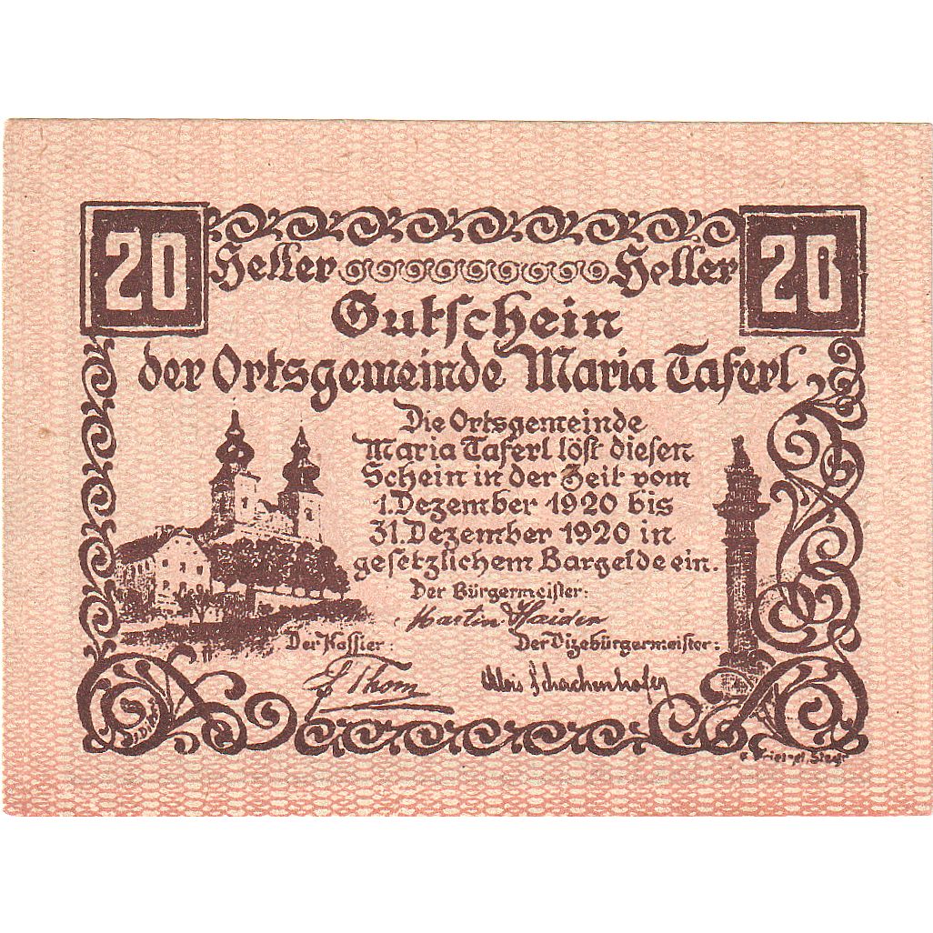 Billet, Autriche, Maria Taferl, 20 Heller, Eglise, 1920 SPL Mehl:FS 588