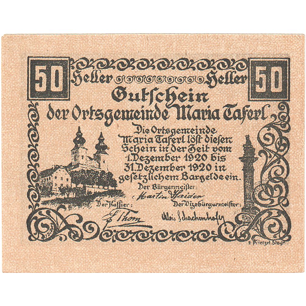 Banknote, Austria, Maria Taferl, 50 Heller, Eglise, 1920 UNC(63) Mehl:FS 588