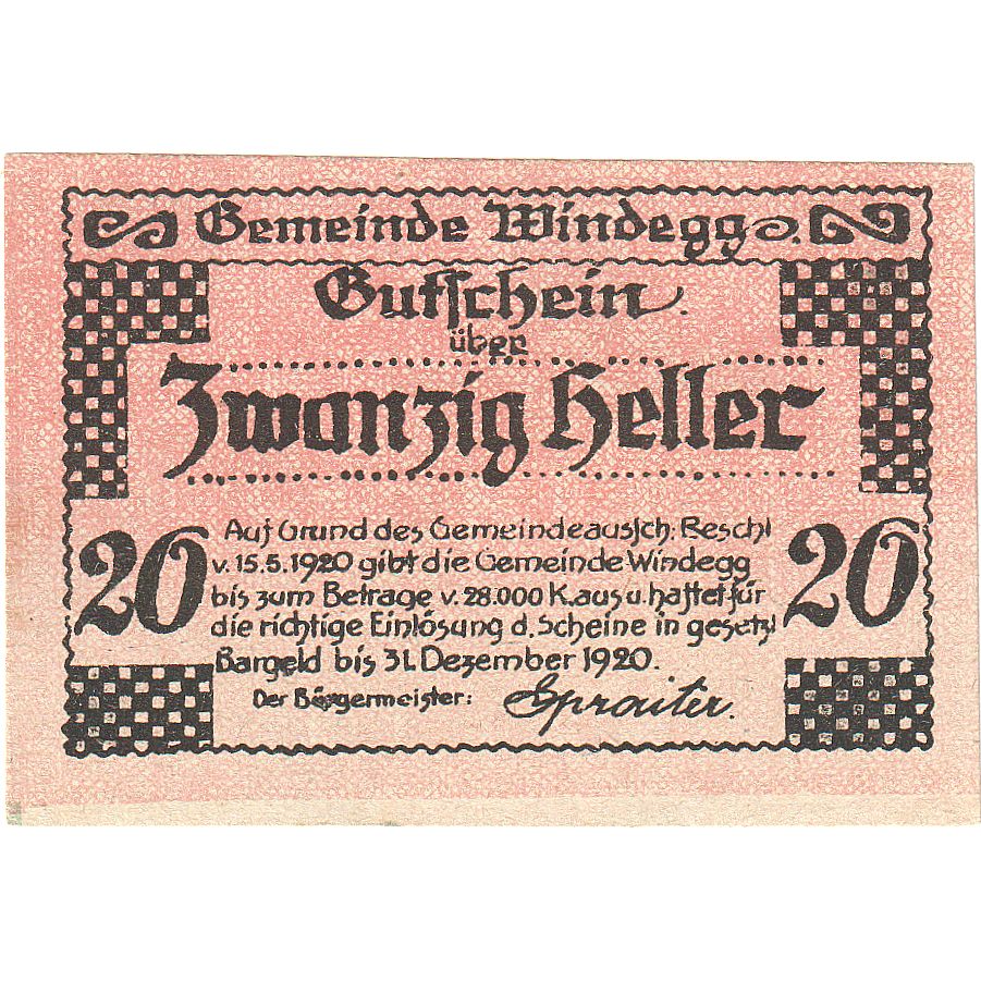 Banknote, Austria, Windegg, 20 Heller, paysage, 1921 UNC(63) Mehl:FS 1241Ia