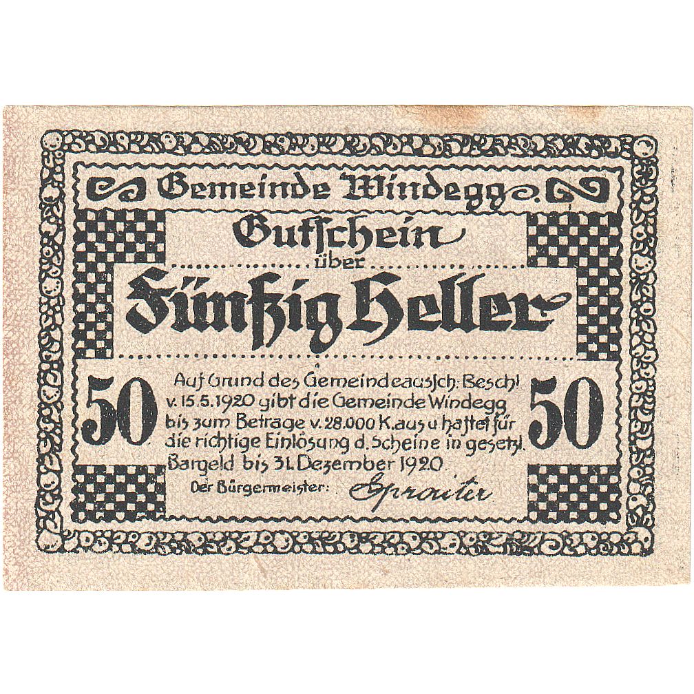 Billet, Autriche, Windegg, 50 Heller, village 1921-12-31, SPL Mehl:FS 1241Ia