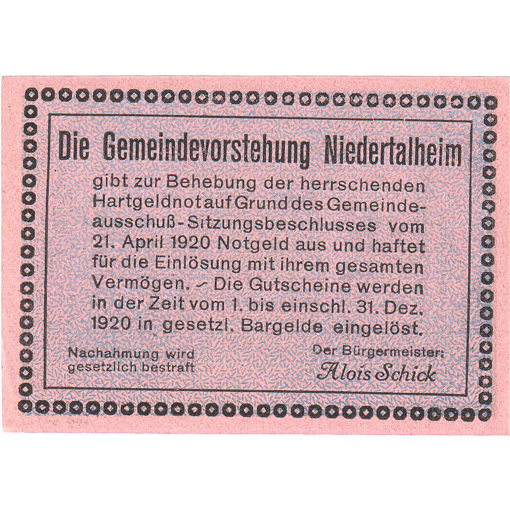 Banconote, Austria, Niedertalheim, 50 Heller, Eglise, 1920 SPL Mehl:FS 672d