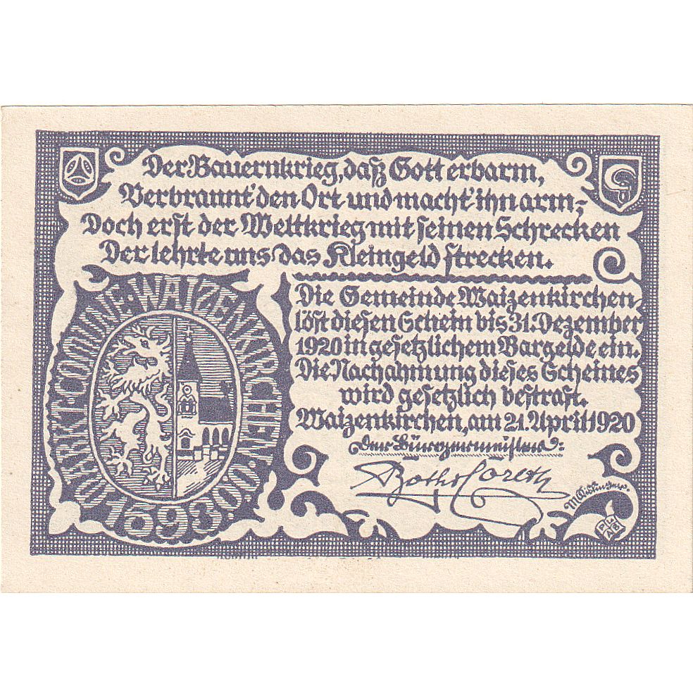 Billet, Autriche, Waizenkirchen, 50 Heller, Ville, 1920 SPL Mehl:FS 1128a
