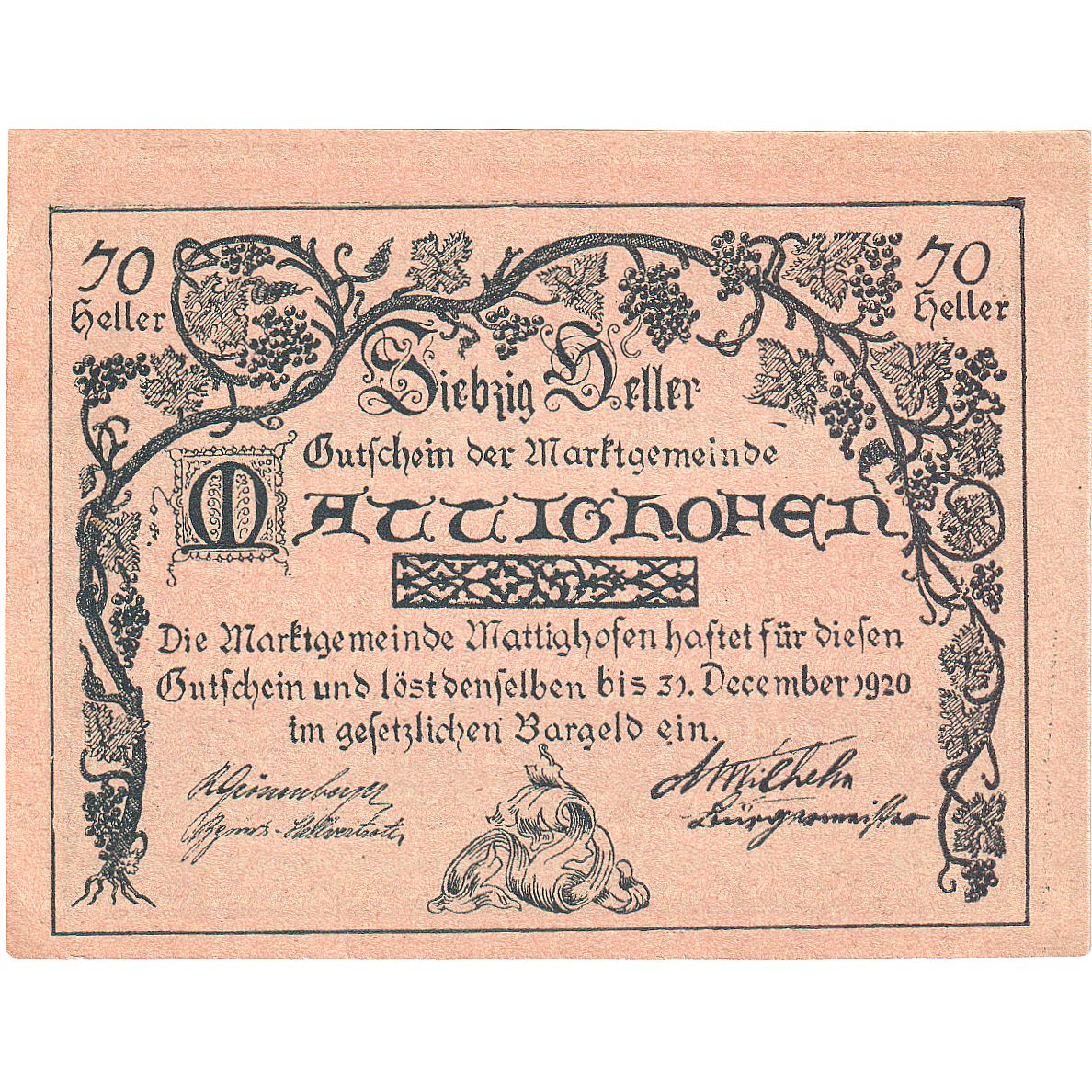 Banconote, Austria, Mattighofen, 70 Heller, Blason, 1920 SPL Mehl:FS 594b