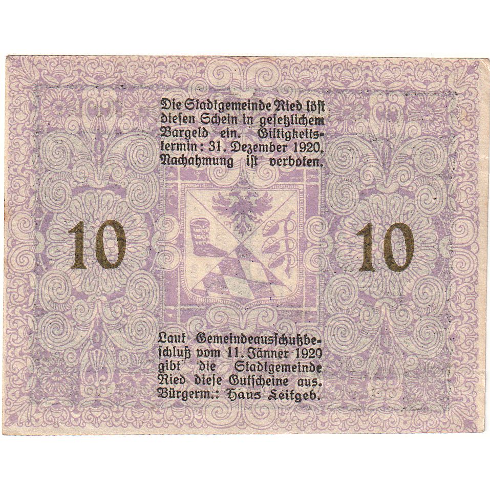 Banconote, Austria, Ried im Innkreis, 10 Heller, statue, 1920 SPL- Mehl:FS834IIa