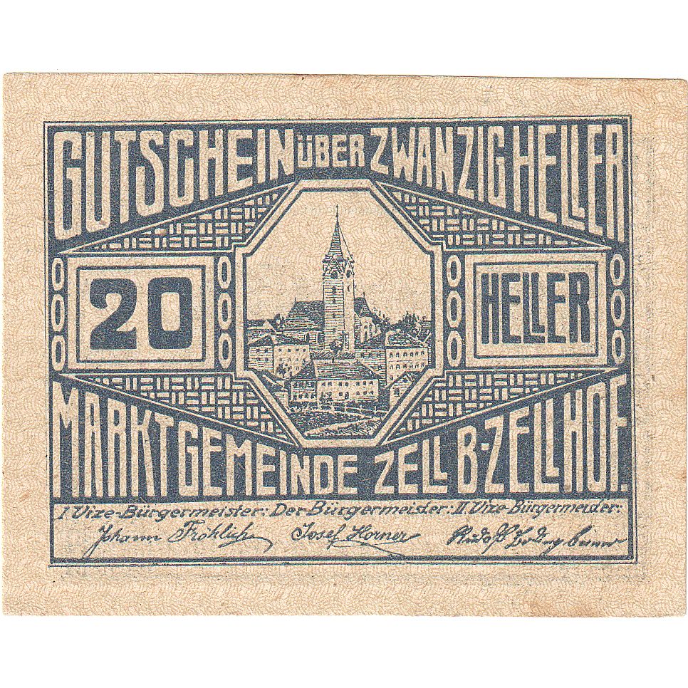 Banconote, Austria, Zell B. Zellhof, 20 Heller, Eglise, 1920 SPL Mehl:FS 1274a
