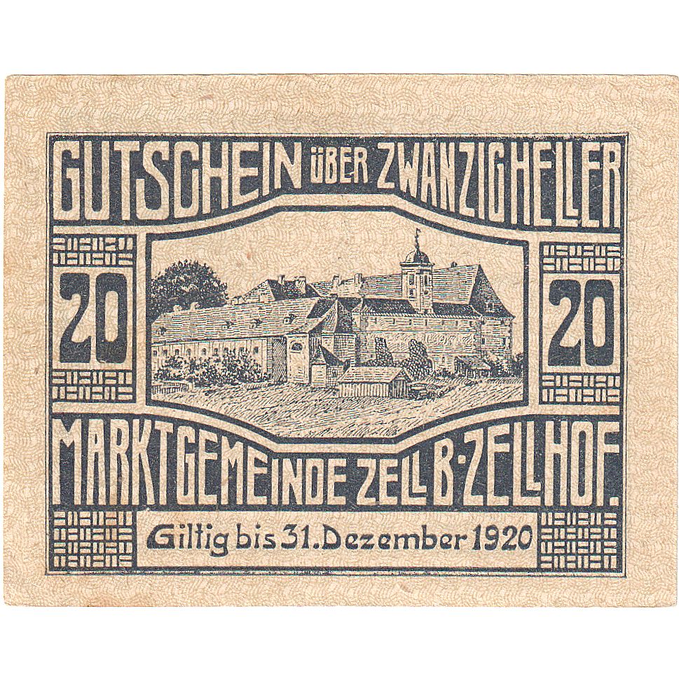 Banconote, Austria, Zell B. Zellhof, 20 Heller, Eglise, 1920 SPL Mehl:FS 1274a