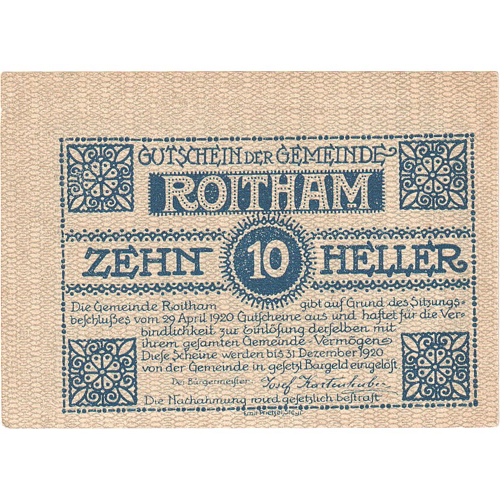 Billet, Autriche, Roitham, 10 Heller, village 1920-12-31, SPL Mehl:FS 843a