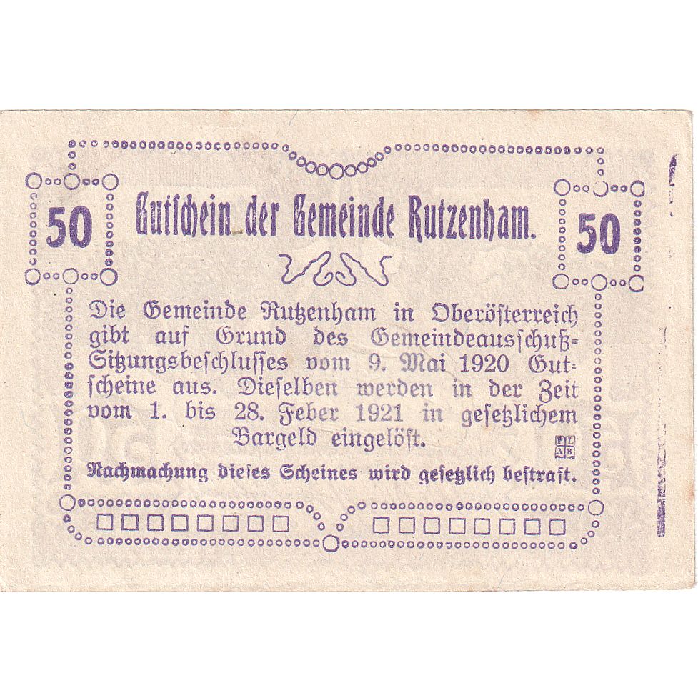 Banknote, Austria, Rutzenham, 50 Heller, Eglise 1921 AU(55-58) Mehl:FS 858Ib