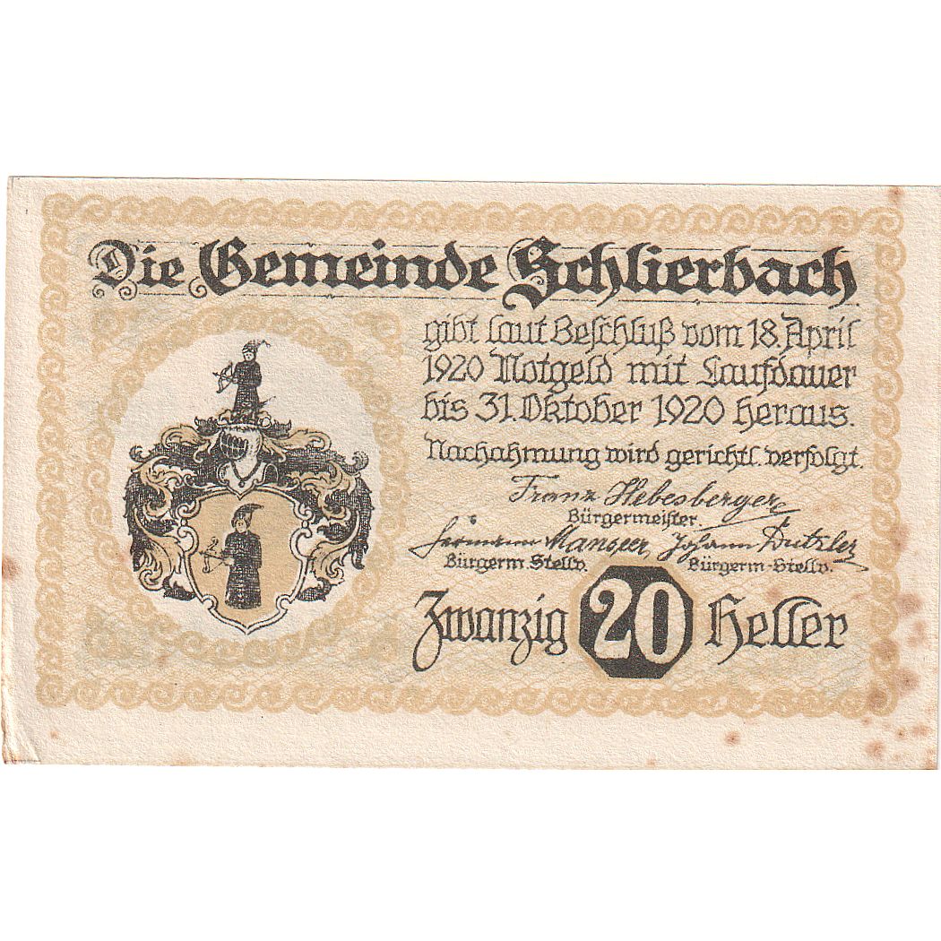 Banconote, Austria, Schlierbach, 20 Heller, Blason, 1920 SPL- Mehl:FS 962IIa
