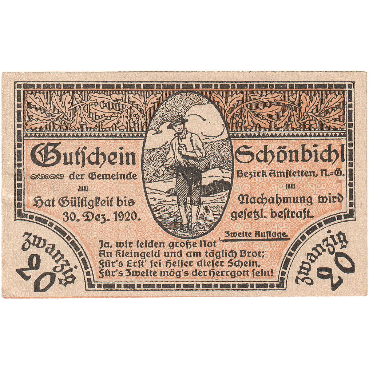 Banconote, Austria, Schonbichl, 20 Heller, champs 1920-12-30, SPL Mehl:FS 969IIa