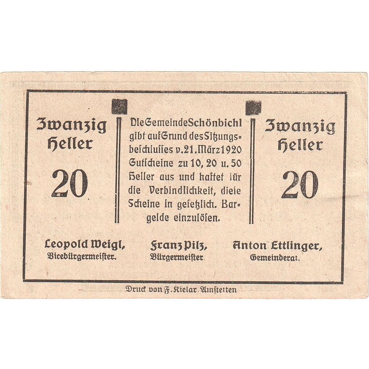 Banconote, Austria, Schonbichl, 20 Heller, champs 1920-12-30, SPL Mehl:FS 969IIa