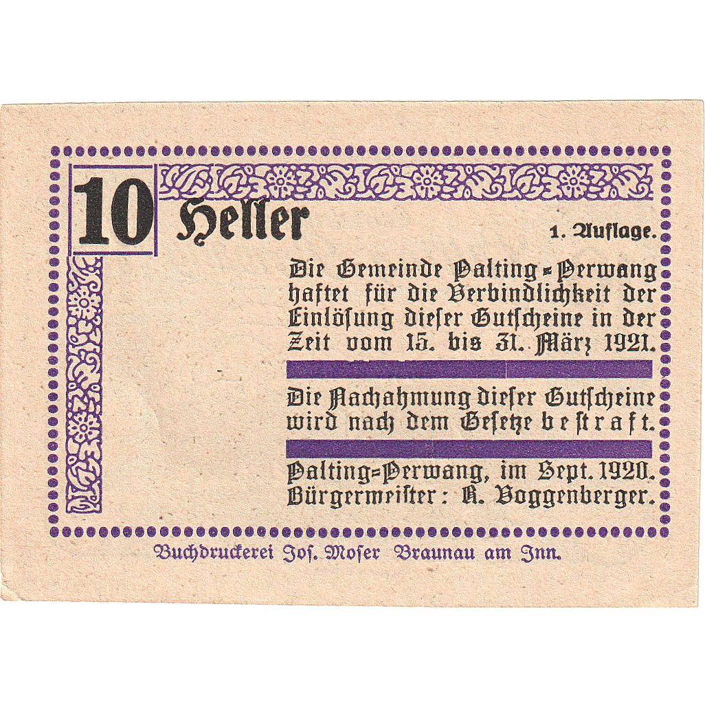 Biljet, Oostenrijk, Palting-Perwang, 10 Heller, Eglise, 1921 SPL Mehl:FS 720a3