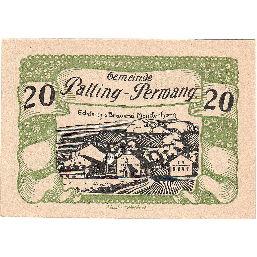 Billet, Autriche, Palting-Perwang, 20 Heller, village, 1921 SPL Mehl:FS720a3