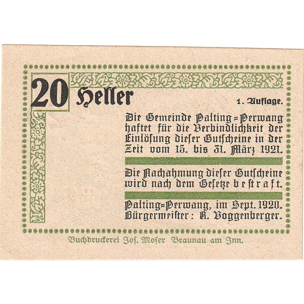 Billet, Autriche, Palting-Perwang, 20 Heller, village, 1921 SPL Mehl:FS720a3