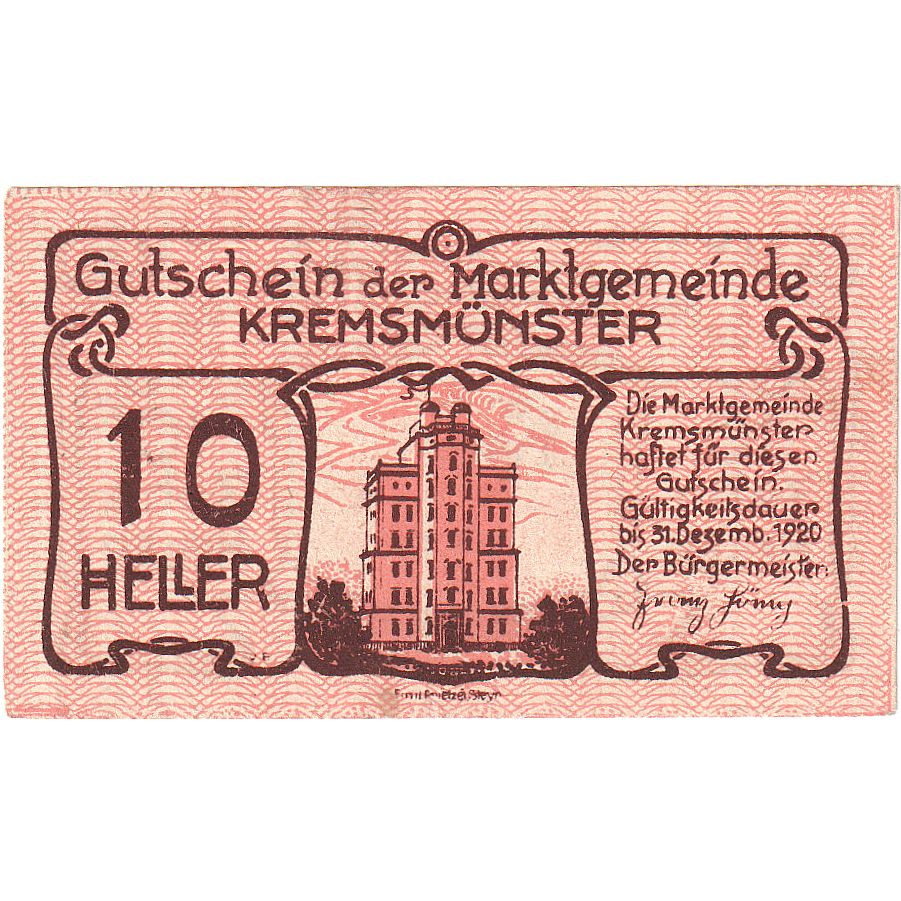 Biljet, Oostenrijk, Kremsmunster, 10 Heller, cochon, 1920, SPL, Mehl:FS 476Ia
