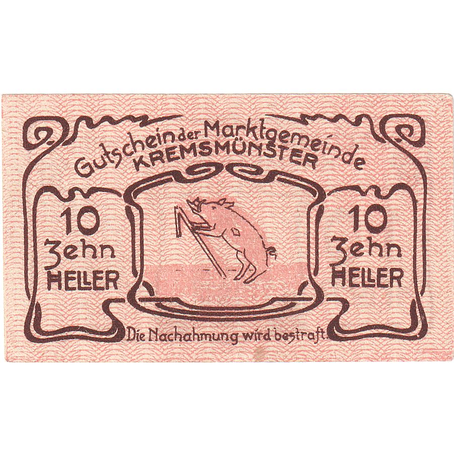 Biljet, Oostenrijk, Kremsmunster, 10 Heller, cochon, 1920, SPL, Mehl:FS 476Ia
